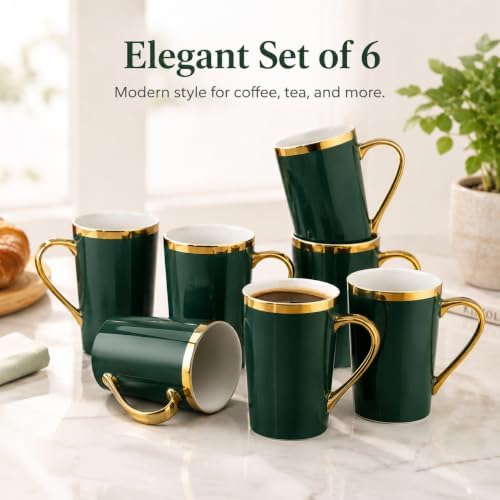 Green and Gold Coffee Mugs Set of 6, 12 oz Porcelain - Image 4