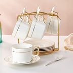 6 OZ Bone China Cappuccino Cups with Saucers Set of 6 & Gold Metal Rack - Image 5