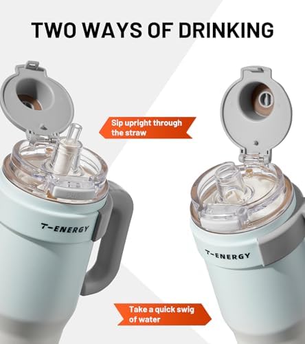 TKK 40 oz Insulated Tumblers with Handle and Straw, Stainless Steel Travel Mug with Ceramic Coating, Leak Proof Double Walled Iced Coffee Cup with Strainer for Hot & Cold Drinks, BlueWhite - Image 3