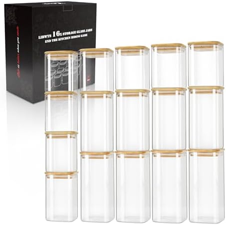 LIBWYS 16-Pack Square Glass Storage Jars with Bamboo Lids (0.6Qt/1.06Qt) by LIBWYS