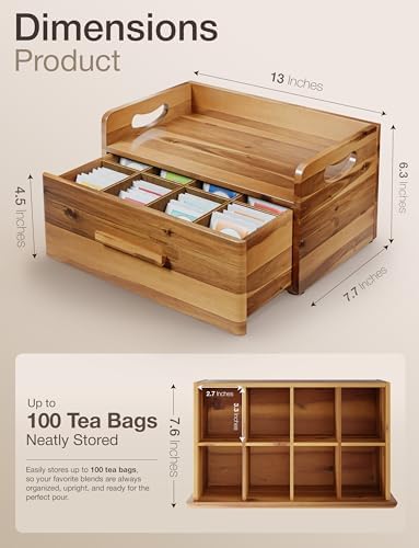 TINAMO Acacia Wooden Tea Box Organizer with Drawer for Tea & Coffee Storage - Image 2