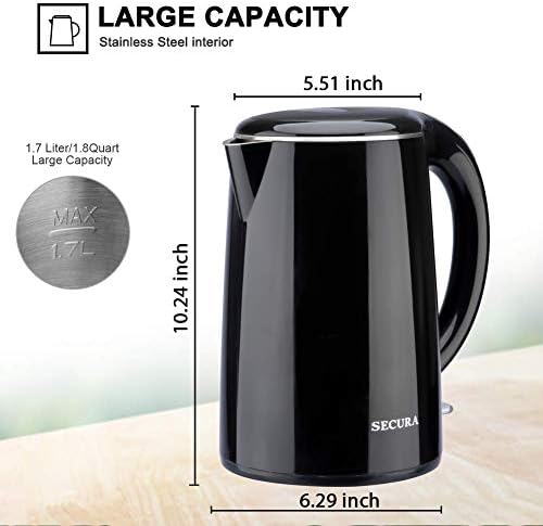 Secura Original Stainless Steel Double Wall Electric Water Kettle 1.8 Quart with Auto Shut-Off & Boil-Dry Protection, Black Onyx SWK-1701DA/HB-3227B - Image 2