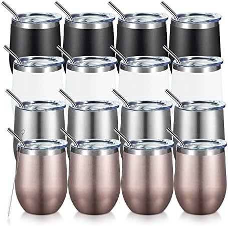 COMOOO Stainless Steel Wine Tumbler with Lid and Straw 12oz Double Wall Vacuum Insulated Travel Tumbler Cup for Coffee, Wine, Cocktails, Champagne (Black White Silver and Rose Gold, 16 Pack) by COMOOO