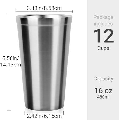 Beasea Stainless Steel Cups 16 oz, 12 Pack Large Stainless Steel Tumbler Bulk Stackable Double Wall Insulated Metal Pint Glasses Tin Cups for Drinking Home Restaurant Office Party Camping - Image 2