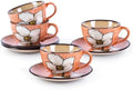 8 Oz Floral Porcelain Cappuccino Cups with Saucers Set of 4, Stoneware Tea Coffee Mugs for Home Kitchen & Office, Dishwasher Microwave Oven Safe, for Espresso, Latte, Americano, Milk & Tea, Pink by WHITEPENOY