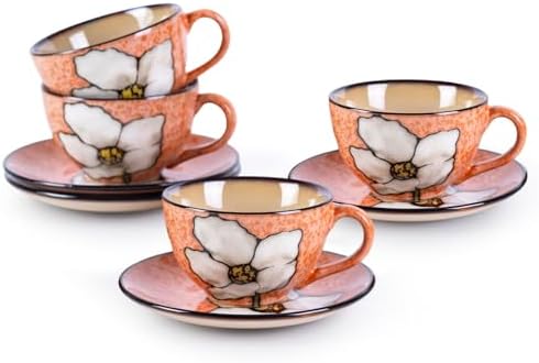 8 Oz Floral Porcelain Cappuccino Cups with Saucers Set of 4, Stoneware Tea Coffee Mugs for Home Kitchen & Office, Dishwasher Microwave Oven Safe, for Espresso, Latte, Americano, Milk & Tea, Pink by WHITEPENOY