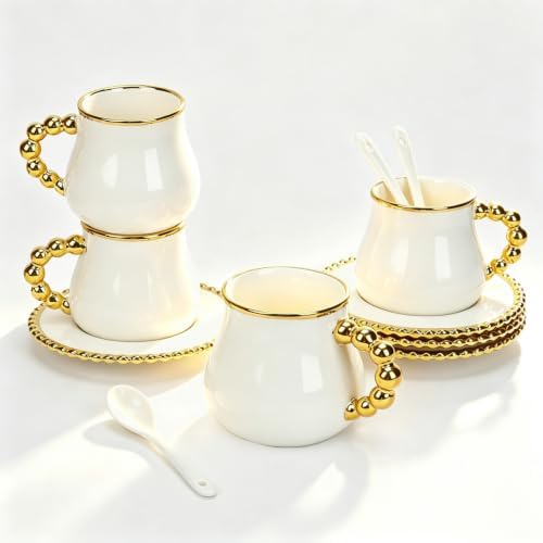Espresso Cups with Saucers, Ceramic Coffee Cup Set of 4, 8 OZ Turkish Coffee Cup Set, Elegant Coffee Cup Gift for Double Shot, Latte, Cafe Mocha and Tea, Dishwasher & Microwave Safe by Hebaogugu
