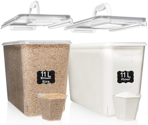 Shazo 2 PC (11L | 372 oz) Flour Sugar Storage Containers with Easy Carry Handle - Plastic Extra Large Food Storage Containers with Lids for Rice Cereal, BPA Free & Airtight Kitchen Pantry Organization by Shazo