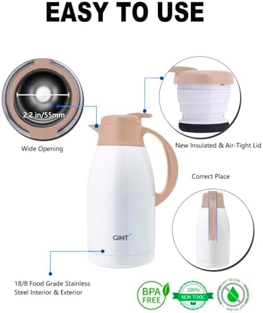 GiNT Stainless Steel Thermal Coffee Carafe, Double Walled Vacuum Thermal Carafe, Water and Beverage Dispenser,12 Hour Heat Retention，65 OZ /1.9 Liter White - Image 2