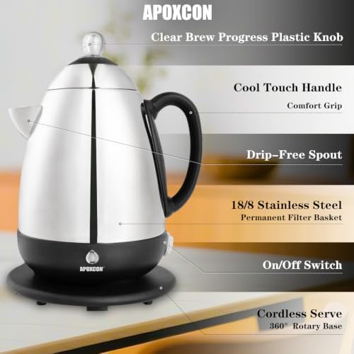 APOXCON Electric Coffee Percolator Stainless Steel Keep Warm-10 Cup Silver - Image 4