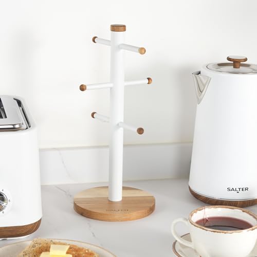 Salter BW13566WEU7 Toronto Mug Tree – Acacia Wood Cup Holder for Kitchen Countertop Tabletop, 6 Branch Display Stand for Coffee Mugs/Tea Cups, Freestanding Sturdy Steel Storage Rack, White - Image 3