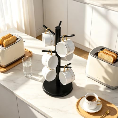 Bamboo Coffee Mug Tree with 6 Hooks,Black Coffee Cup Holder - Image 7