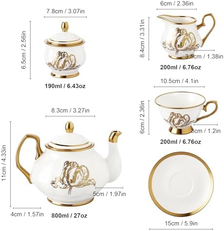 fanquare 21 Pieces British Porcelain Tea Set, Gold Tulip Tea Service for Afternoon Tea Party, 6 Teacup and Saucers for Coffee Home Wedding Birthday - Image 6