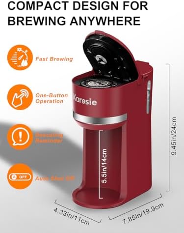 Single Serve Coffee Maker for K-Cup and Ground Coffee, Fast Brew, 6-12 oz Brew Sizes One Cup Coffee Machine Fits 5.5" Mugs, One-Button Small Coffee Maker with Descaling Reminder, Red - Image 6