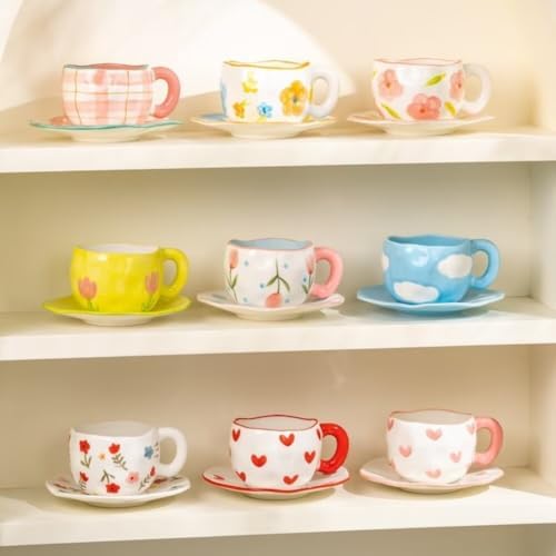 Ceramic Coffee Cup and Saucer Set, 10oz Cute Heart Pattern Tea Cup with Handle, Hand-Painted Porcelain Mug for Latte, Cappuccino, Espresso, Office & Home, Ideal Gift for Women - Image 6