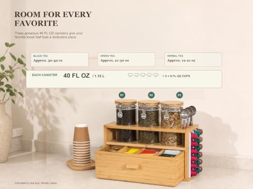 KKC HOME ACCENTS Bamboo Tea Station Organizer Set with 3 Glass Jars Drawer - Image 4