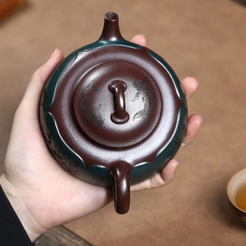 Kettle Teapot Vintage Green Clay Flat Personal Teapot Creatively Depicting Tea Ceremony Tea Infuser Portable Water Teapot - Image 4
