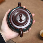 Kettle Teapot Vintage Green Clay Flat Personal Teapot Creatively Depicting Tea Ceremony Tea Infuser Portable Water Teapot - Image 4