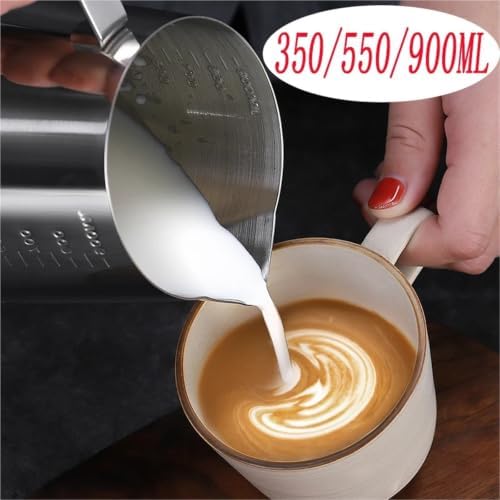 Milk Frother Cup Stainless Steel Coffee Milk Frothing Jug Stainless Steel Espresso Frother Pitcher Latte Art Measurement Barista Tool Accessories(900ml-With scale) - Image 2