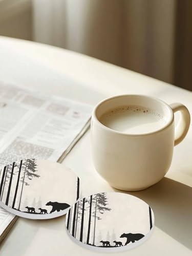 Coasters for Drinks Set of 8 Abstract Forest Walking Bear Silhouette Natural Scenery Ceramic Cup Mat, Absorbent Ceramic Stone Coasters with Cork Base for Coffee Cups Wooden Table Home Decor 4 Inch - Image 2