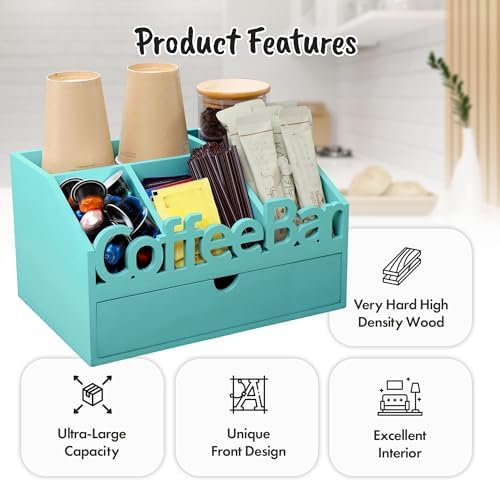Coffee Bar Organizer Countertop, Wood Coffee Station, Drawer, Turquoise - Image 3