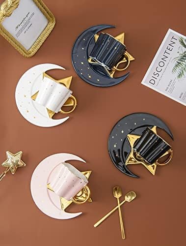 Ceramic Black Star Moon Coffee Cup And Saucer With Spoon Set Golden Handle Porcelain Mug Afternoon Tea Juice And Water Drinks Cup (black) (3213-D) - Image 2