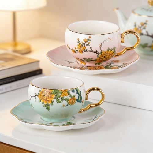 KAMMAK Tea Cups and Saucers Set of 2, Porcelain Coffee Cups, NX039 - Image 7