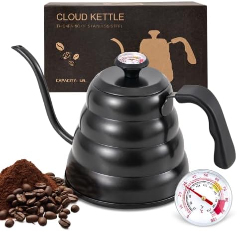 Gooseneck Kettle with Thermometer, Pour Over Coffee Kettle for Stovetop, Tea, Camping, 1200ml, Black by Unknown