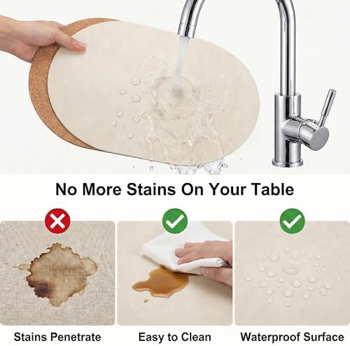 Premium Oval Faux Leather Placemat & Coaster Set with Innovative Cork-Look Printed Base，4/6/8-Piece Sets & 8 Colors，Non-Slip Dining Table Mats for Kitchen Dining - Image 3