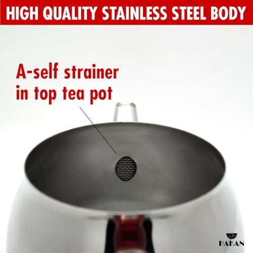 Hakan Stainless Steel 2 L, 67 Oz, Mini Double Bondy Tea Pot Set with Self Strainer Double Lids, Turkish Samovar Style Teapot Set, Tea Kettle for Loose Leaf Tea with Red Bakelite Handle 2.1-Quart - Image 3