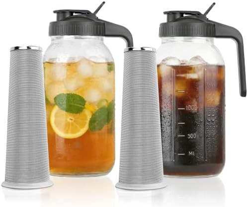 Cold Brew Coffee Maker, 64 oz Mason Jar Pitcher with Stainless Steel Filter, Pour Spout Handle Lid, Airtight & Leak-Proof for Iced Coffee,Tea & Lemonade -2pack by QHH