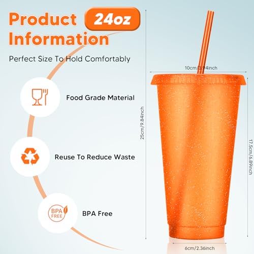 24 Pack Plastic Tumblers with Lids and Straws, Reusable Colorful Cups for Parties, Birthdays, Iced Coffee, Travel, Cold Drink Bulk Tumblers (24 oz, Orange) - Image 2
