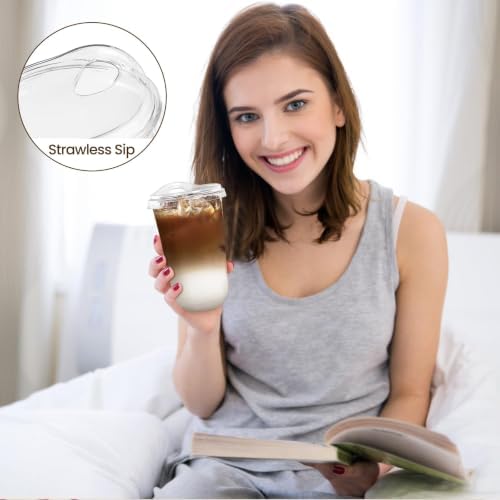 18 oz Round Bottom Clear Plastic Cups with Strawless Sip Lids, 100 Pack - Image 5