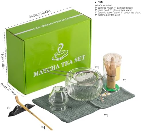 Matcha Whisk Set 7Pcs Matcha Bowl and Whisk Set Bamboo Matcha Whisk with Whisk Holder, Glass Bowl, Tea Scoop, Sifter, Teacloth, Tea Ceremony Set Tea Ceremony Set Matcha Set for Machat Tea Making Kit - Image 5