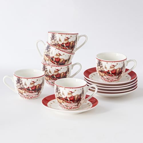 Christmas Espresso Cups & Saucers Set of 6, 3oz Small Coffee Mugs, Ceramic Demitasse Cup for Tea, Latte, Espresso Shot Cup for Expresso Machine & Coffee Maker, Christmas Gifts for Coffee Lovers by Ursword