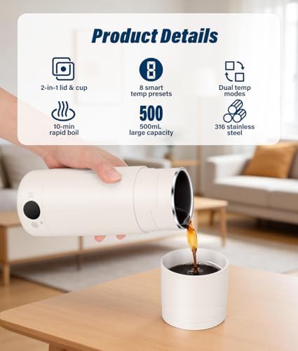 Portable Electric Kettle for Travel, 316 Stainless Steel Kettle, Hot Water Boiler with 2-In-1 Lid & Cup, 500ML Travel Tea Kettle with 8 Temperature Control, Auto Shut-Off & Boil Dry Protection (White) - Image 3