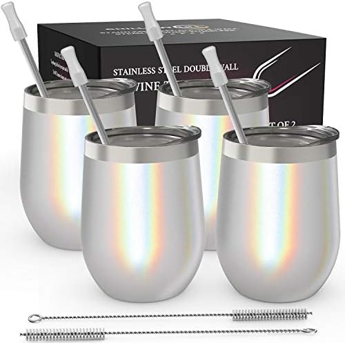 CHILLOUT LIFE 12 oz Stainless Steel Wine Tumblers 4 Pack - Double Wall Vacuum Insulated Wine Glasses Cups with Lids and Straws Set Keeping Cold & Hot for Coffee, Beer, Ice Cream - Holographic Glitter by CHILLOUTLIFE