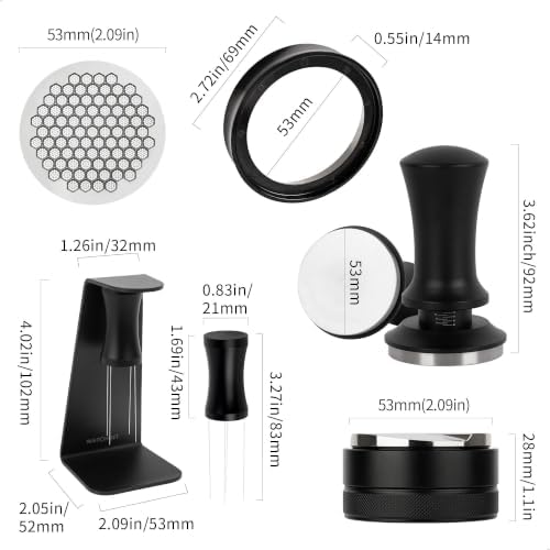 Watchget 5 PCS 53mm Espresso Accessories Kit - Constant Pressure Tamper, Adjustable 3-Blade Distributor, Honeycomb Puck Screen, Magnetic WDT Tool with Stand & Magnetic Dosing Funnel - Image 2