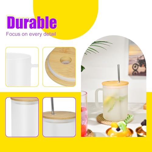 AGH 6 Pack Sublimation Glass Cups with Handle, 16oz Frosted Sublimation Blanks with Bamboo Lid & Stainless Steel Straw, DIY Beer Can Tumbler for Iced Coffee, Juice, Beer, Wedding, Birthday Gifts - Image 2