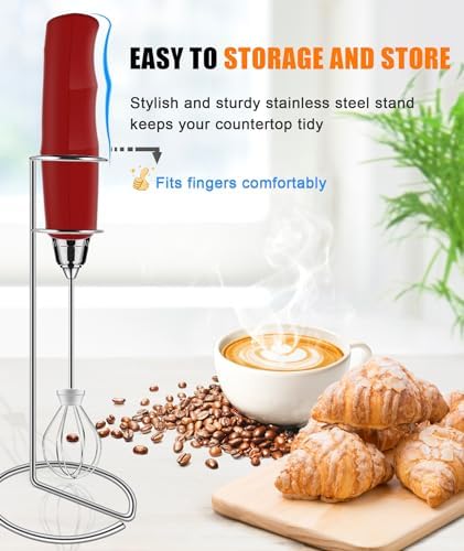 YUSWKO Red Handheld Milk Frother Wand for Coffee, Rechargeable Electric Whisk with 3 Heads 3 Speeds Drink Mixer Coffee Frother For Latte, Cappuccino, Hot Chocolate, Egg - Image 2