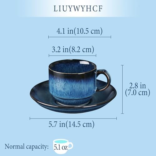5.1 OZ Cappuccino Coffee Cup and Saucer Set, 4-piece ceramic coffee cup and saucer set, suitable for cappuccino, flat white, Americano, espresso, single-origin pour-over, and tea. (blue) - Image 2