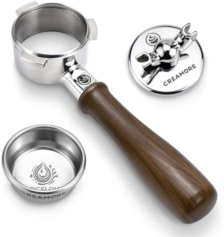 Espresso Accessories, 54mm Bottomless Portafilter with Detachable Double Spout, 18g ARCFLOW™ Filter Basket, 3-Ear Design, Walnut Wood Handle, Compatible with Breville 54mm Espresso Machines by Creamore