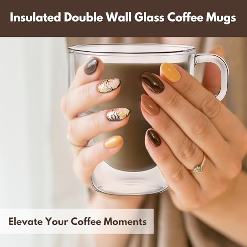 Clear Glass Coffee Mugs with Silicone Button Coasters - Insulated Espresso Cups Set of 4 - Double Walled Espresso Glasses for Tea & Coffee Bar Accessories - Double Wall Cappuccino Cup Set (12 oz) - Image 6