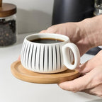 LUKA 7.77 oz Ceramic Cappuccino Cups with Bamboo Saucers and Metal Stand, Set of 4 Large Elegant Porcelain Coffee Cup for Latte, Cafe Mocha, Tea, Espresso, Dishwasher Safe, Stripe White - Image 5