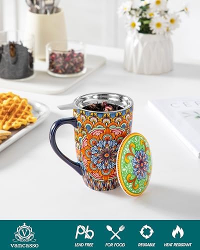 vancasso Ceramic Tea Mug with Infuser and Lid, 18 Ounce Bohemian Loose Leaf Cup, Microwave & Dishwasher Safe, Perfect for Tea, Coffee, Burnt-Cobalt Mandala - Image 3