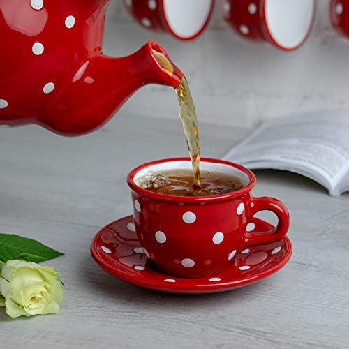 City to Cottage Handmade Red and White Polka Dot Ceramic 8.4oz/250ml | Cappuccino, Coffee, Tea Cup and Saucer, Unique Designer Pottery for Tea Lovers - Image 4