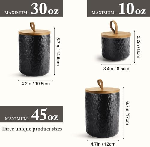 Ceramic Canister Set for Kitchen Countertop, 3 Airtight Food Storage Containers, Modern Coffee Storage Jars for Flour, Sugar, Pasta, Cookies, Tea(Black) - Image 2