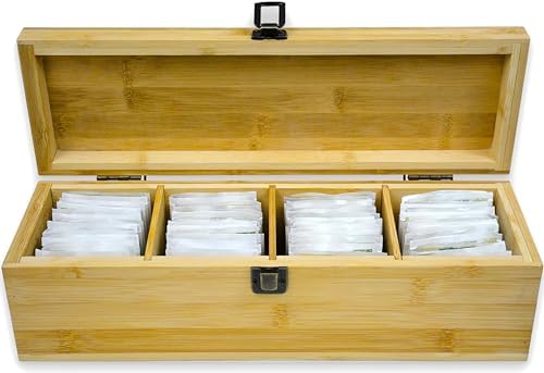 Bamboo Tea Organizer Box Chemical Free Eco-Friendly Big, Tall, Adjustable Cubbies Natural Wooden Storage Chest (4-Slot Across 14.3" x 4.4" x 4.2" with Tea Leaf design) - Image 5