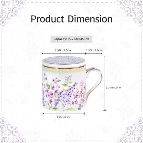 KAMMAK Bone China Coffee Mugs, 15oz Floral Tea Cups with Lid and Infuser - Image 2