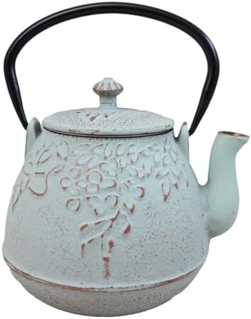 Ebros Gift Traditional Oriental Tetsubin Mint Green Leaves Design Cast Iron Teapot With Enameled Interior 32oz Asian Japanese Chinese Fusion Housewarming Tea Pot Accent by EbrosGift